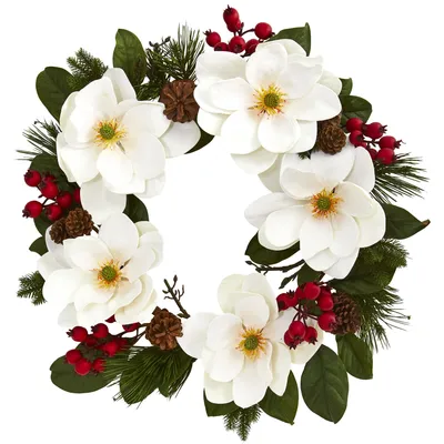 Nearly Natural 26" Magnolia, Pine & Berries Wreath