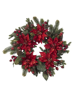 Nearly Natural 24" Poinsettia and Berry Wreath