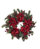 Nearly Natural 24" Poinsettia and Berry Wreath