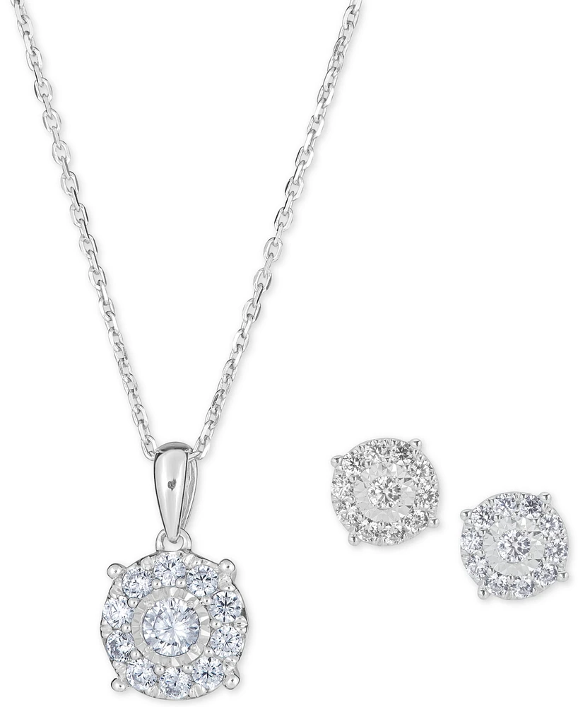 2-Pc. Diamond (1 ct. t.w.) Halo 18" Pendant Necklace & Matching Stud Earring Set 14k White or Yellow Gold