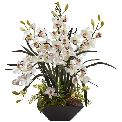 Nearly Natural Cymbidium Orchid Silk Arrangement w/ Black Vase