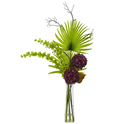 Nearly Natural Hydrangea, Bells Of Ireland and Palm Frond Arrangement in Glass Vase