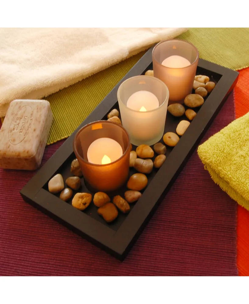 Lumabase Wooden Pebble Tray with 3 Glass Votive Holders