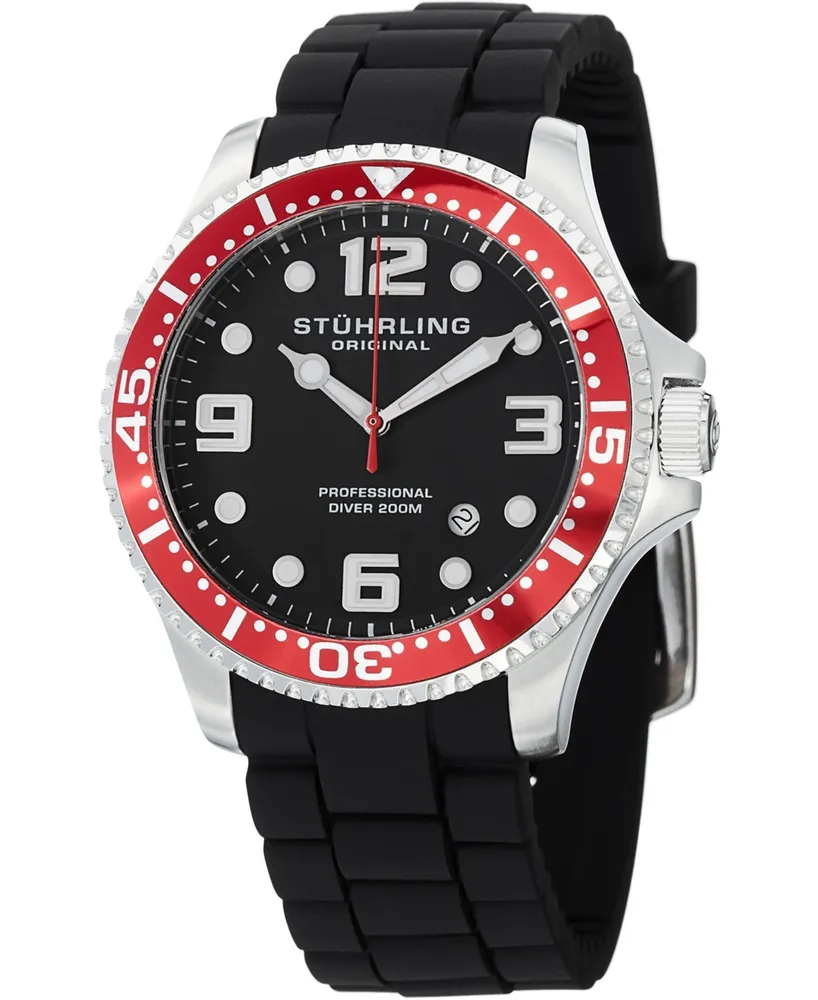 Stuhrling Original Stainless Steel Case on Black High Grade Silicone Rubber Interchangeable Strap With Additional Red Silicone Rubber Strap, Red Bezel