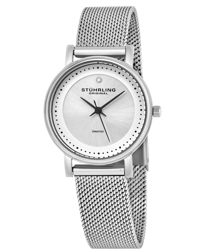 Stuhrling Original Stainless Steel Case on Mesh Bracelet, Silver Dial, With Black Accents, and Diamond At 12