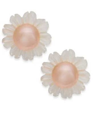 Pink Cultured Button Freshwater Pearl (6mm) & White Mother-of-Pearl (12mm) Stud Earrings in Sterling Silver