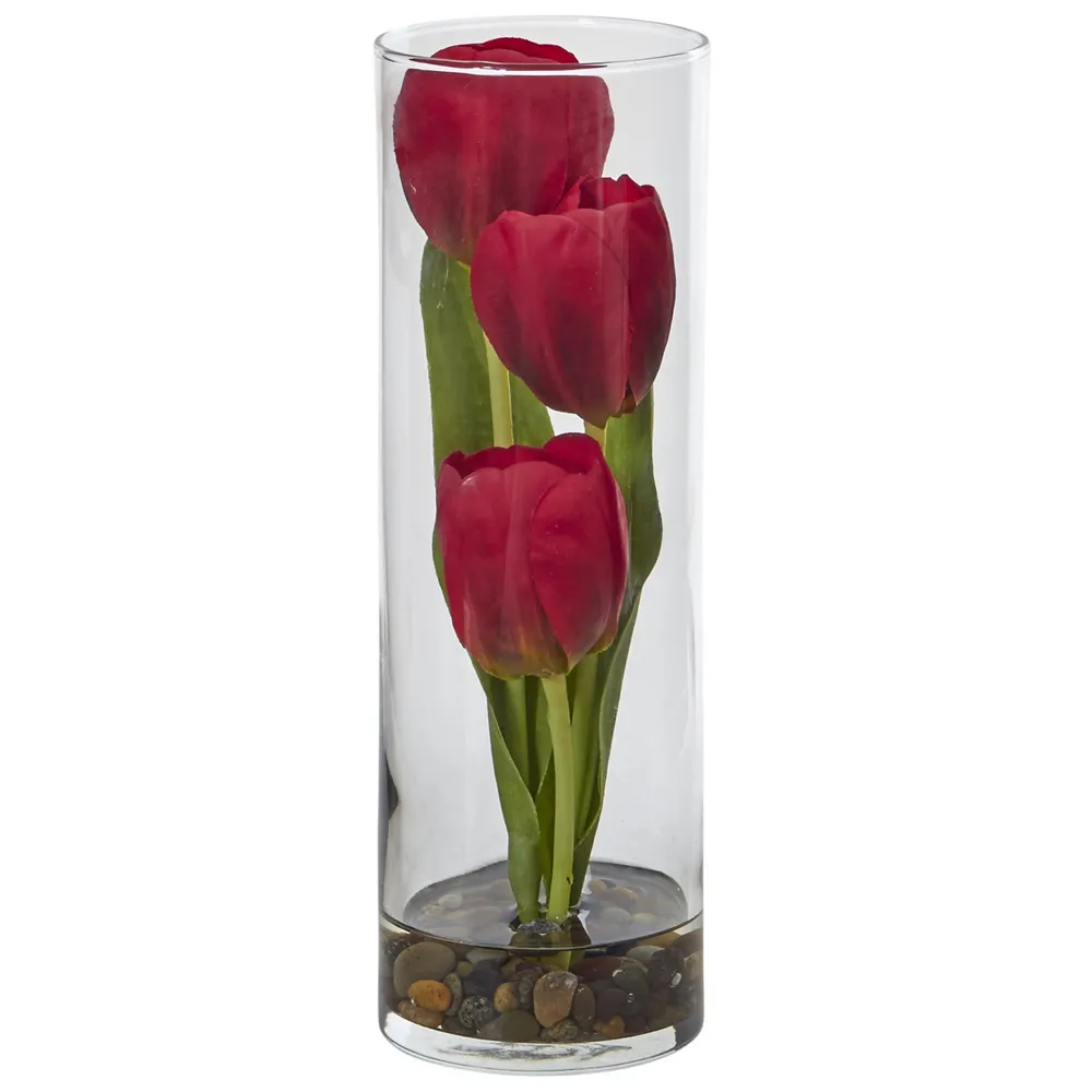 Nearly Natural Tulips Silk Arrangement in 10"H Cylinder Glass