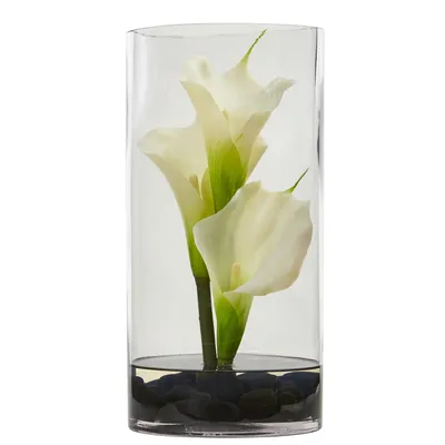 Nearly Natural 12" Calla Lily Artificial Arrangement Cylinder Glass Vase