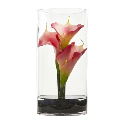 Nearly Natural 12" Calla Lily Artificial Arrangement in Cylinder Glass Vase