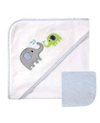 Luvable Friends Hooded Towel with Washcloths, Blue Elephants, One Size