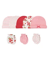 Hudson Baby Baby Girls Cotton Cap and Scratch Mitten 8pc Set, Strawberries, 0-6 Months