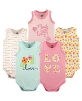 Luvable Friends Baby Girls Cotton Sleeveless Bodysuits 5pk, Months