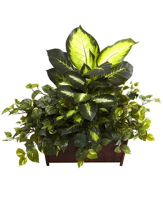 Nearly Natural Golden Dieffenbachia, Philo and Pothos w/ Wood Planter