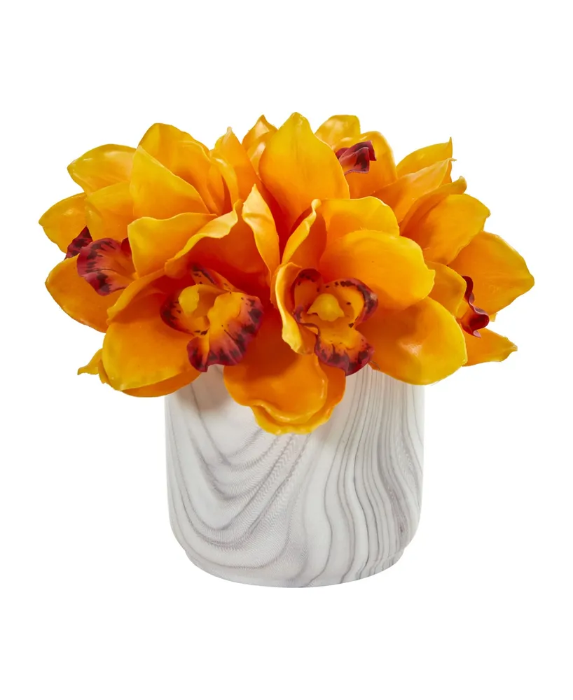 Nearly Natural Cymbidium Orchid Artificial Arrangement in Marble Vase