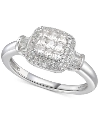 Cubic Zirconia Square Cluster Halo Ring Sterling Silver