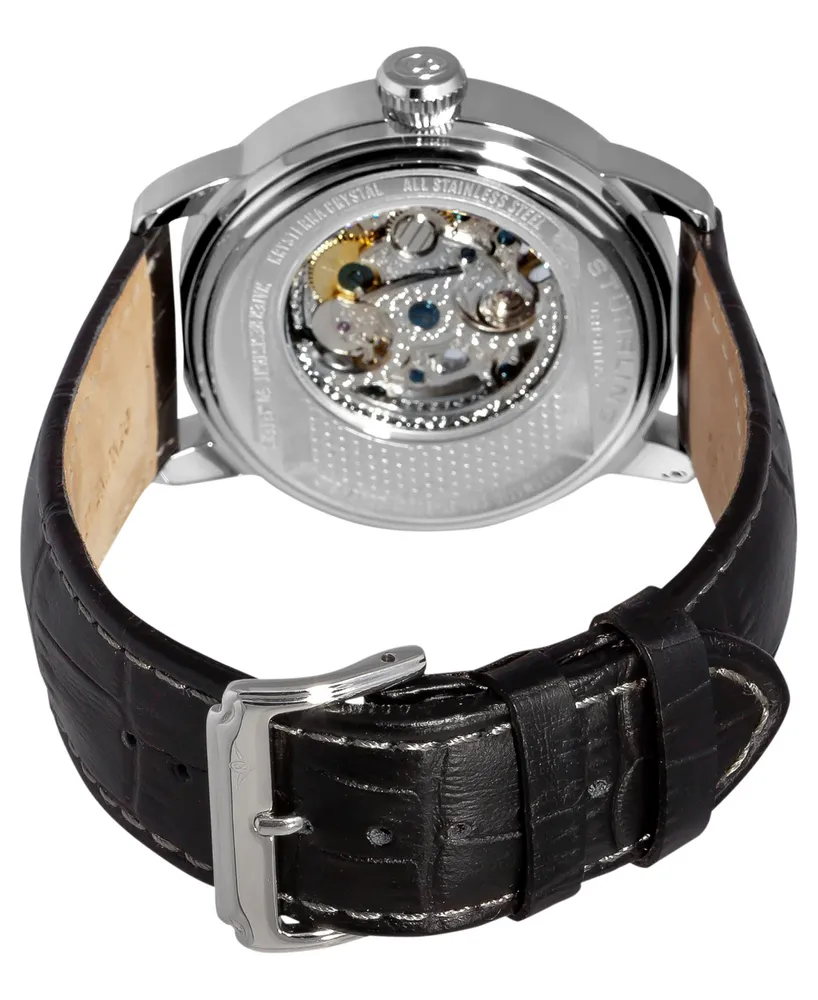 Stuhrling Stainless Steel Case on Black Perforated Alligator Embossed Genuine Leather Strap with White Contrast Stitching, Black Skeletonized Dial, wi