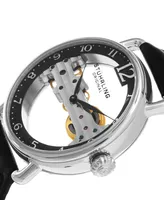 Stuhrling Men's Mechanical Bridge Watch, Silver Tone Case on Black Genuine Leather Strap, Black Skeletonized Dial with Exposed Bridge Movement, Silver