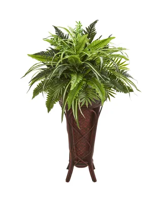 Nearly Natural 32" Mixed Greens and Fern Artificial Plant in Decorative Stand