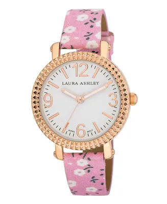 Laura Ashley Women's Pink Floral Band Fluted Bezel Watch