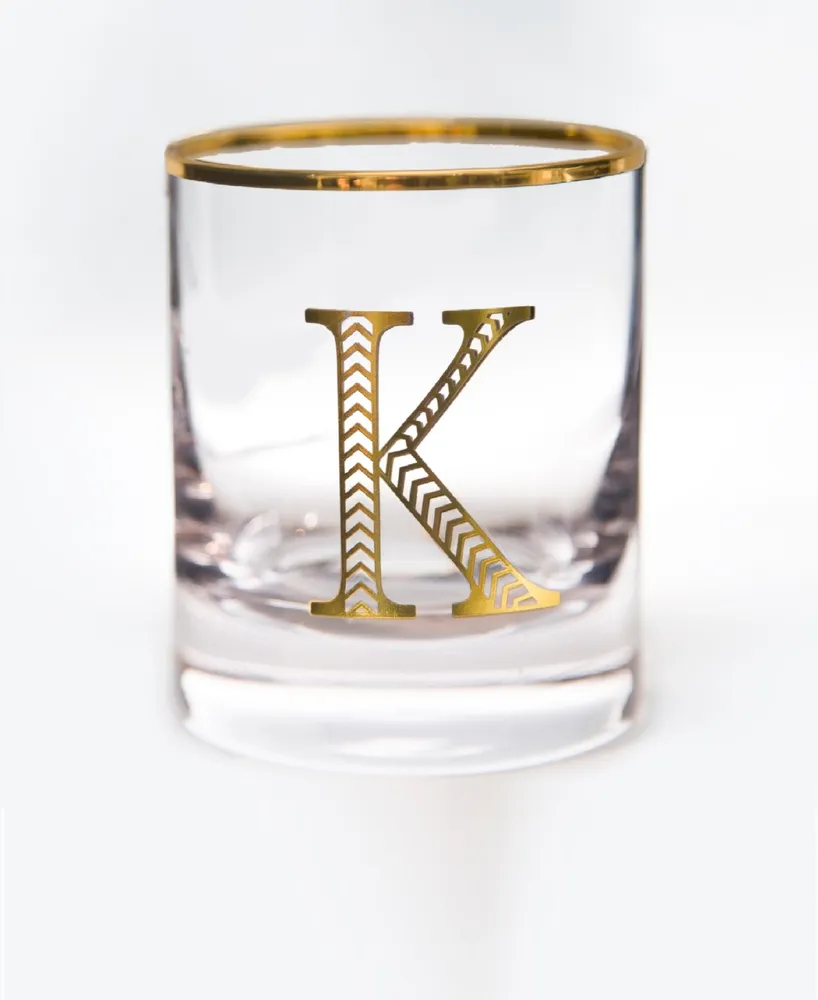 Qualia Glass Monogram Rim and Letter K Double Old Fashioned Glasses, Set Of 4