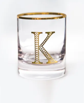 Qualia Glass Monogram Rim and Letter K Double Old Fashioned Glasses, Set Of 4