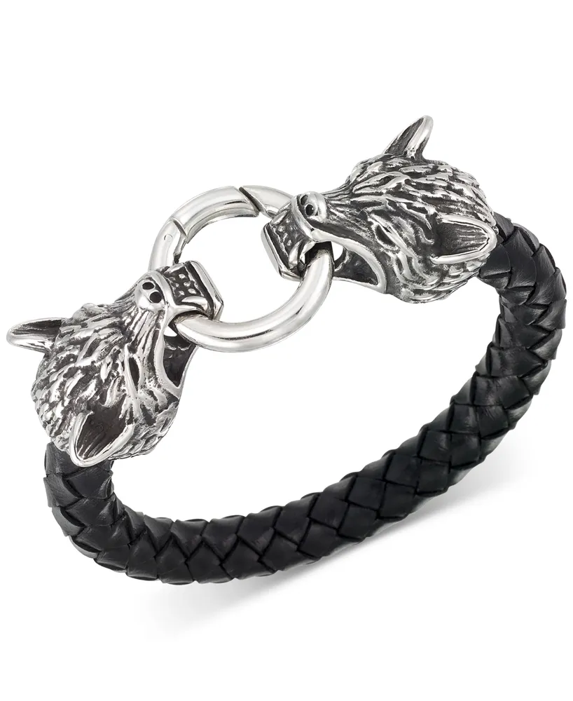 Legacy for Men by Simone I. Smith Wolf Head Leather Braided Bracelet in Stainless Steel