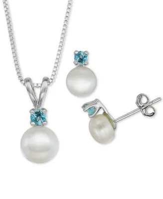 Cultured Freshwater Pearl (6-7mm) & Blue Topaz (1/3 ct. t.w.) 18" Pendant Necklace Stud Earrings Set Sterling Silver