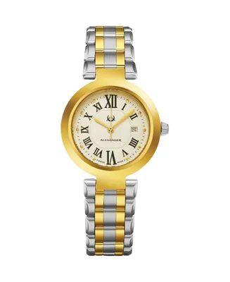 Alexander Watch A203B-02, Ladies Quartz Date Watch with Yellow Gold Tone Stainless Steel Case on Yellow Gold Tone Stainless Steel Bracelet - Two