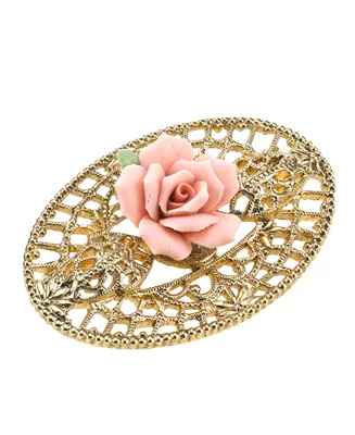 2028 Gold-Tone Pink Porcelain Rose Filigree Brooch