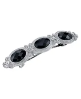 2028 Silver-Tone Black Stones Oval Barrette