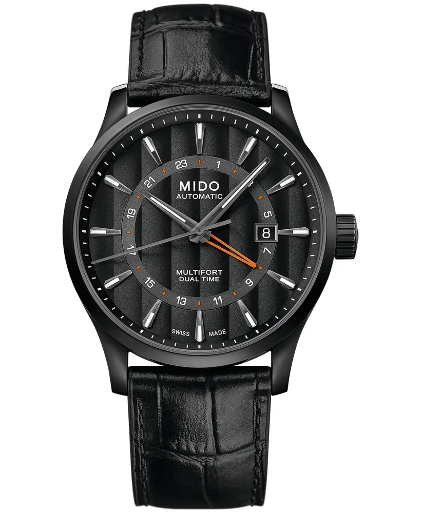 Mido Men's Swiss Automatic Multifort Dual Time Black Leather Strap Watch 42mm