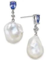 Tanzanite (1-3/8 ct. t.w.), White Cultured Baroque Freshwater Pearl (13mm) & Diamond Accent Drop Earrings in 14k White Gold