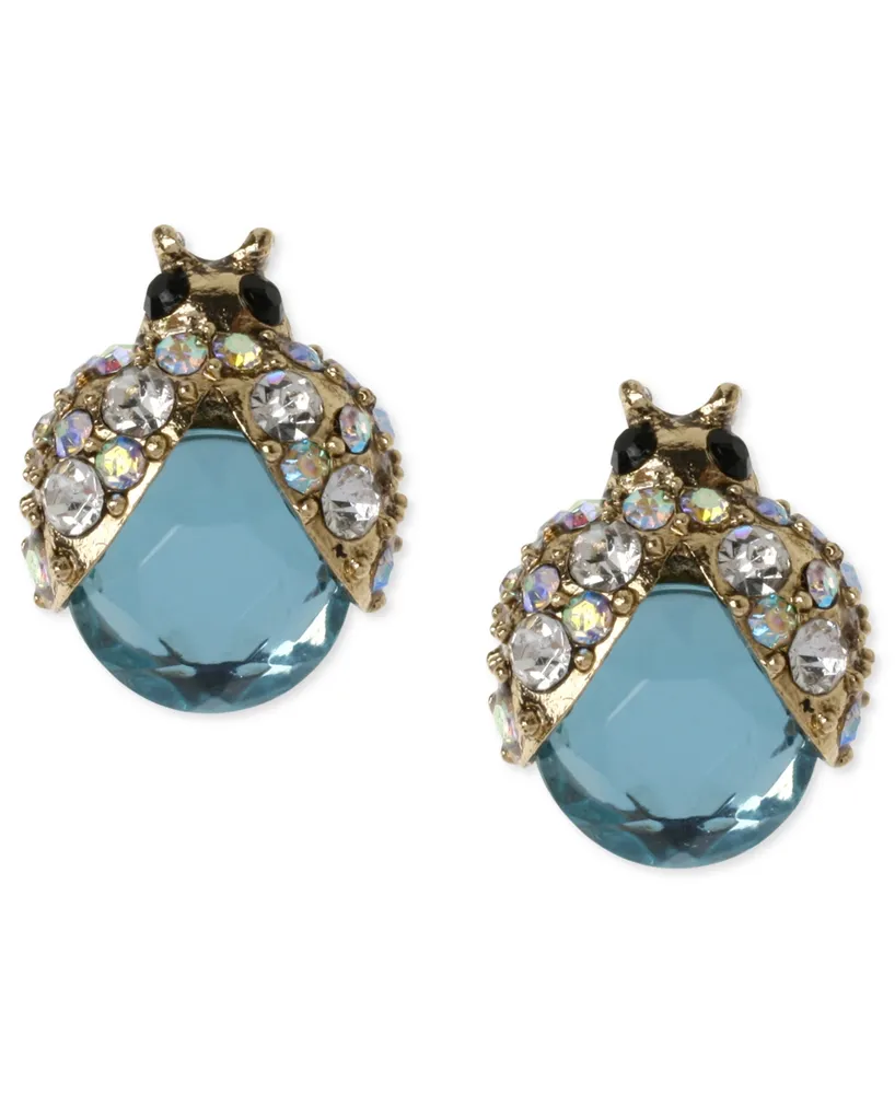 Betsey Johnson Gold-Tone Blue Glass Crystal Bug Stud Earrings