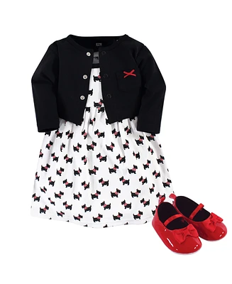 Hudson Baby Girls Cotton Dress, Cardigan and Shoe 3pc Set, Scottie Dog, 6-9 Months