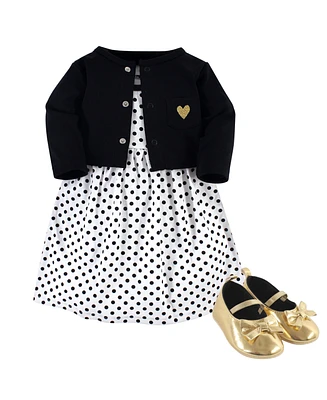 Hudson Baby Girls Cotton Dress, Cardigan and Shoe 3pc Set, Black Dot, 3-6 Months