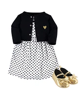 Hudson Baby Girls Cotton Dress, Cardigan and Shoe 3pc Set