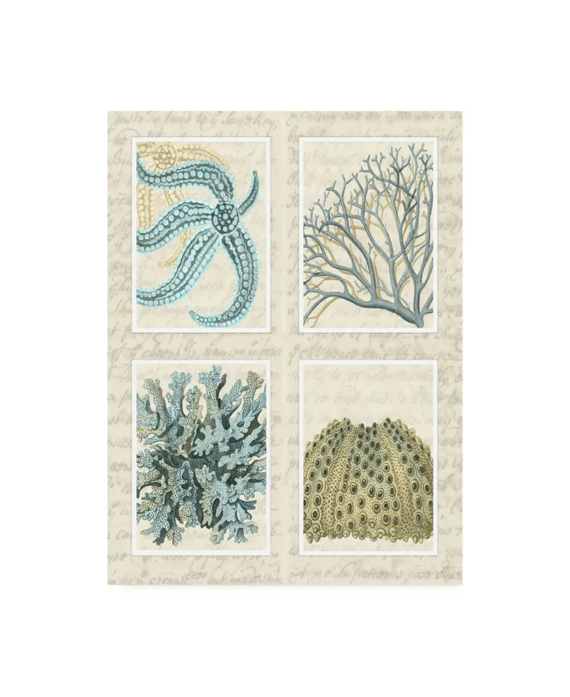 Fab Funky Blue Corals on Vintage Script in 4 Panels Canvas Art