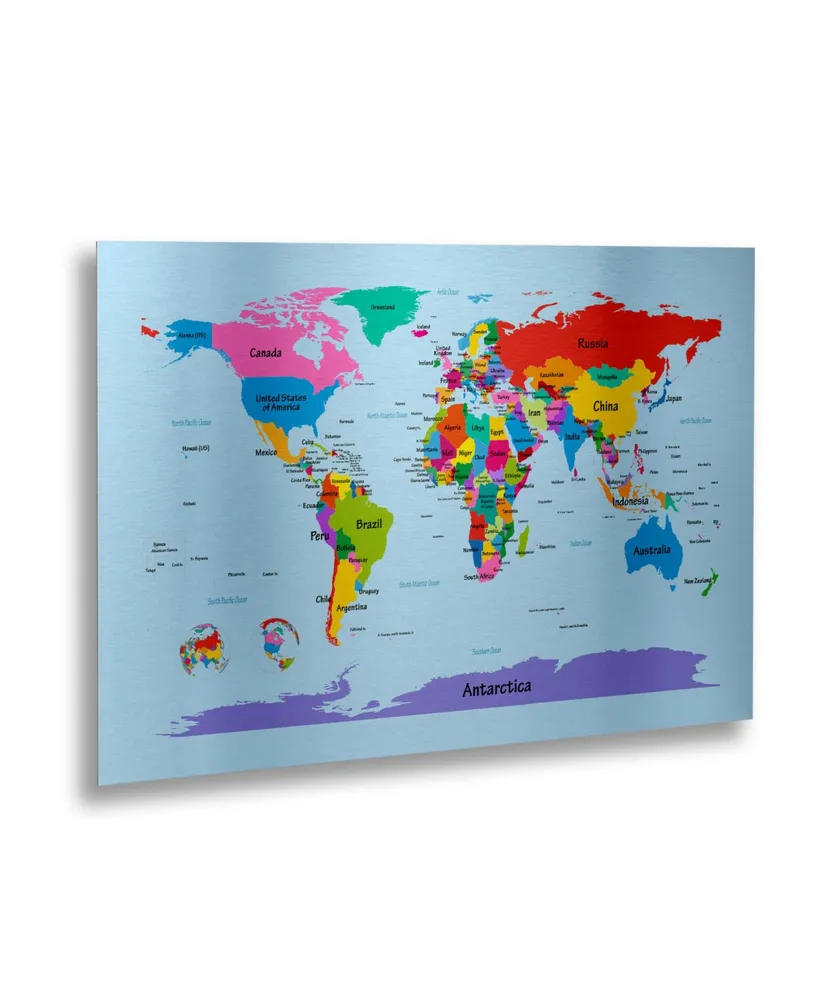 Michael Tompsett Childrens World Map Floating Brushed Aluminum Art - 22" x 25"