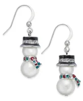 Holiday Lane Silver-Tone Crystal & Imitation Pearl Snowman Drop Earrings, Created for Macy's