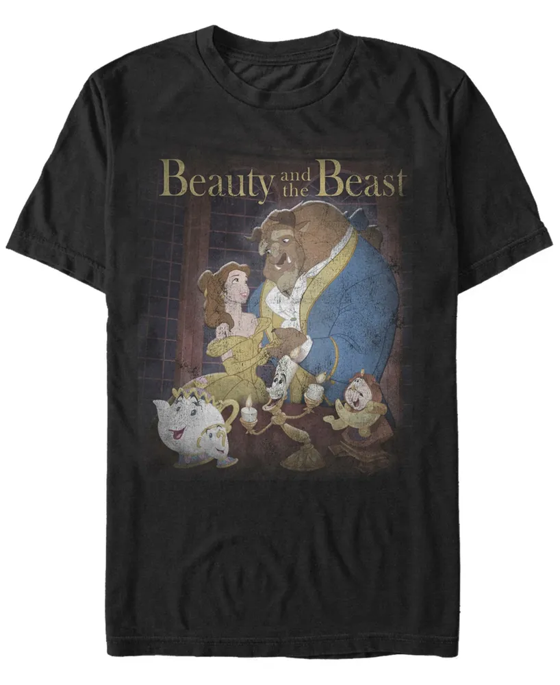 Disney Men's Beauty and The Beast Distressed Vintage Group Shot Short Sleeve T-Shirt