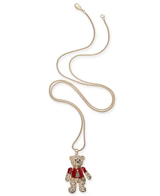 Holiday Lane Gold-Tone Pave Teddy Bear 36" Pendant Necklace, Created for Macy's