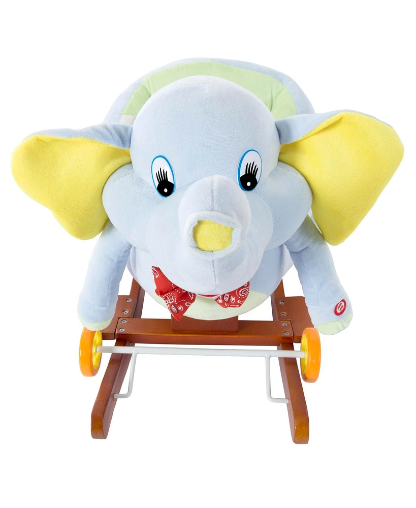 Happy Trails Rocking Horse Plush Animal Elephant 2-in-1 Wooden Rockers Wheels