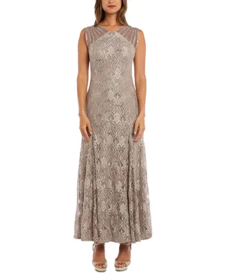 R & M Richards Women's Long Embellished Illusion-Detail Lace Gown
