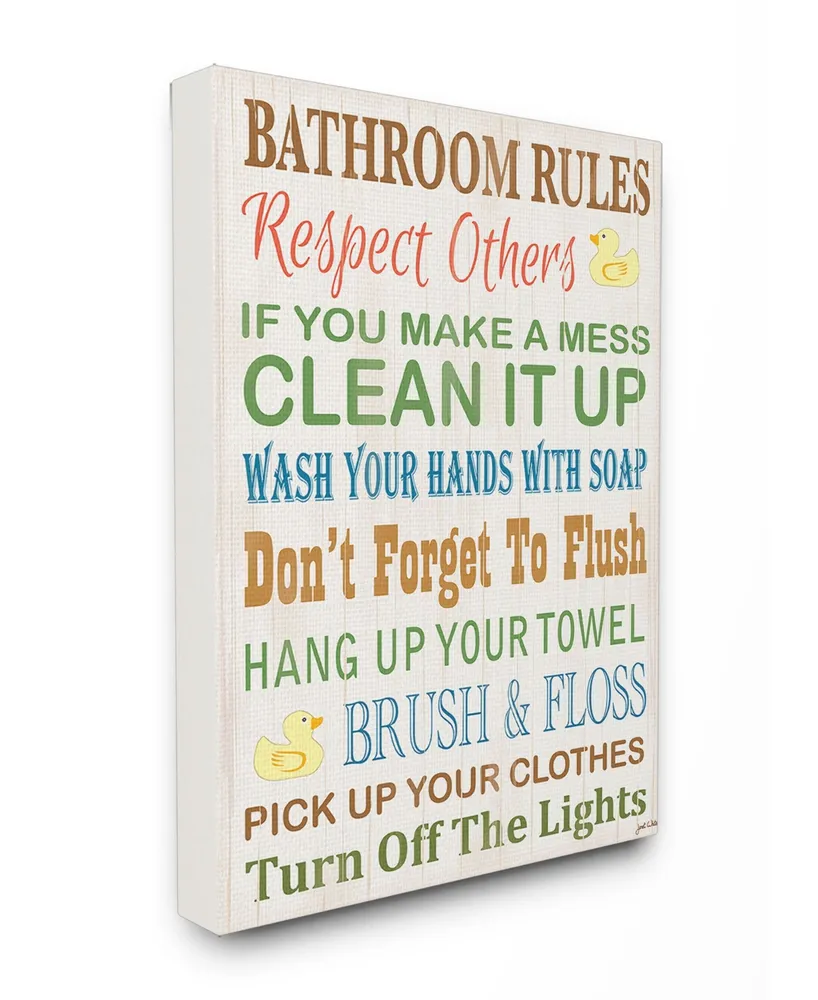 Stupell Industries Home Decor Bathroom Rules Typography Rubber Ducky Bathroom Canvas Wall Art, 24" x 30"