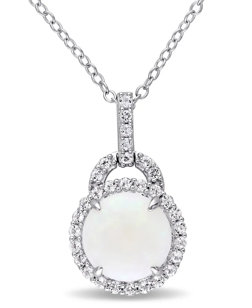 Opal (1-3/4 ct. t.w.) and White Topaz (2/5 ct. t.w.) Halo Charm 18" Necklace in Sterling Silver