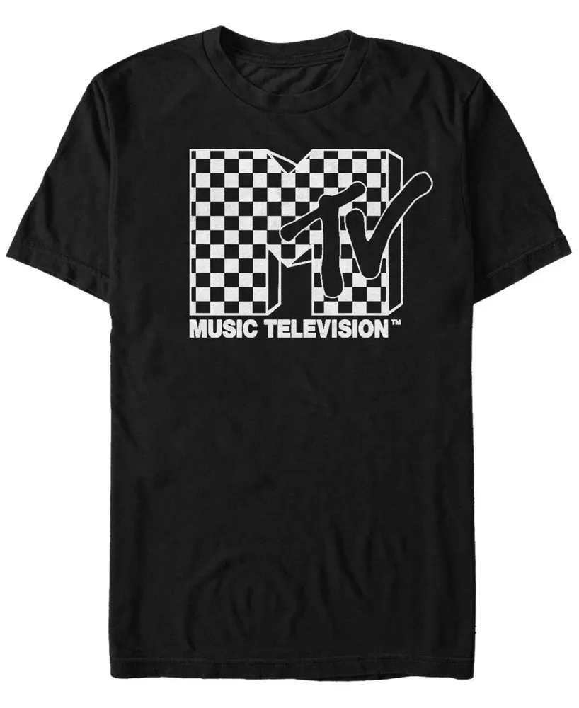 Mtv Men's Black And White Checkered Logo Short Sleeve T-Shirt