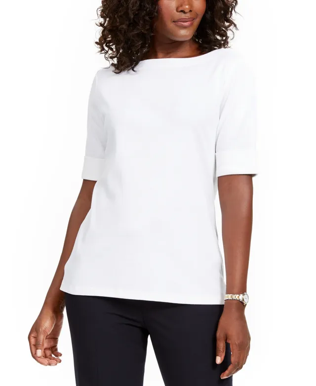 Karen Scott Petite Cotton Elbow-Sleeve T-Shirt, Created for Macy's