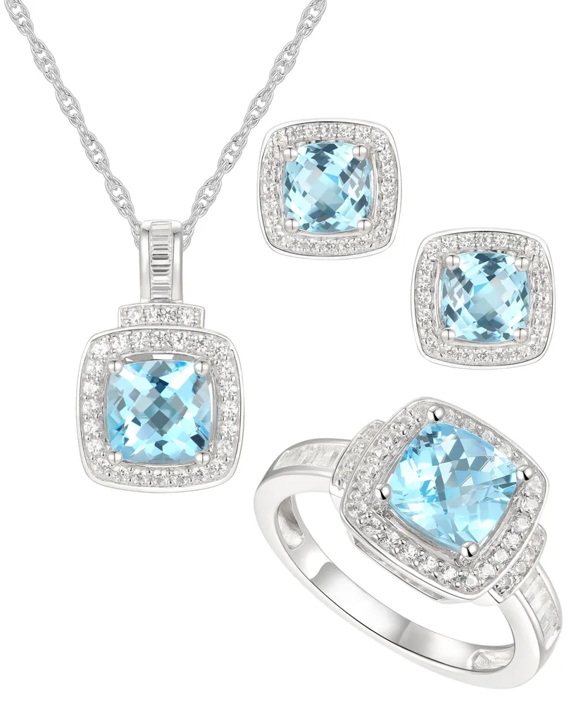 14k Yellow Gold Emerald Cut Blue Topaz Pendant & Earrings Matched Set