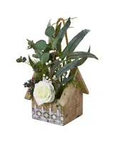 Nearly Natural 16" Rose and Eucalyptus Artificial Arrangement in Hanging Floral Design House Planter