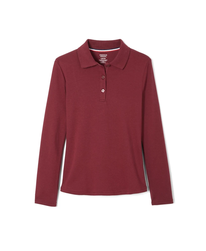 Little Girls Uniform Long Sleeve Interlock Knit Polo with Picot Collar